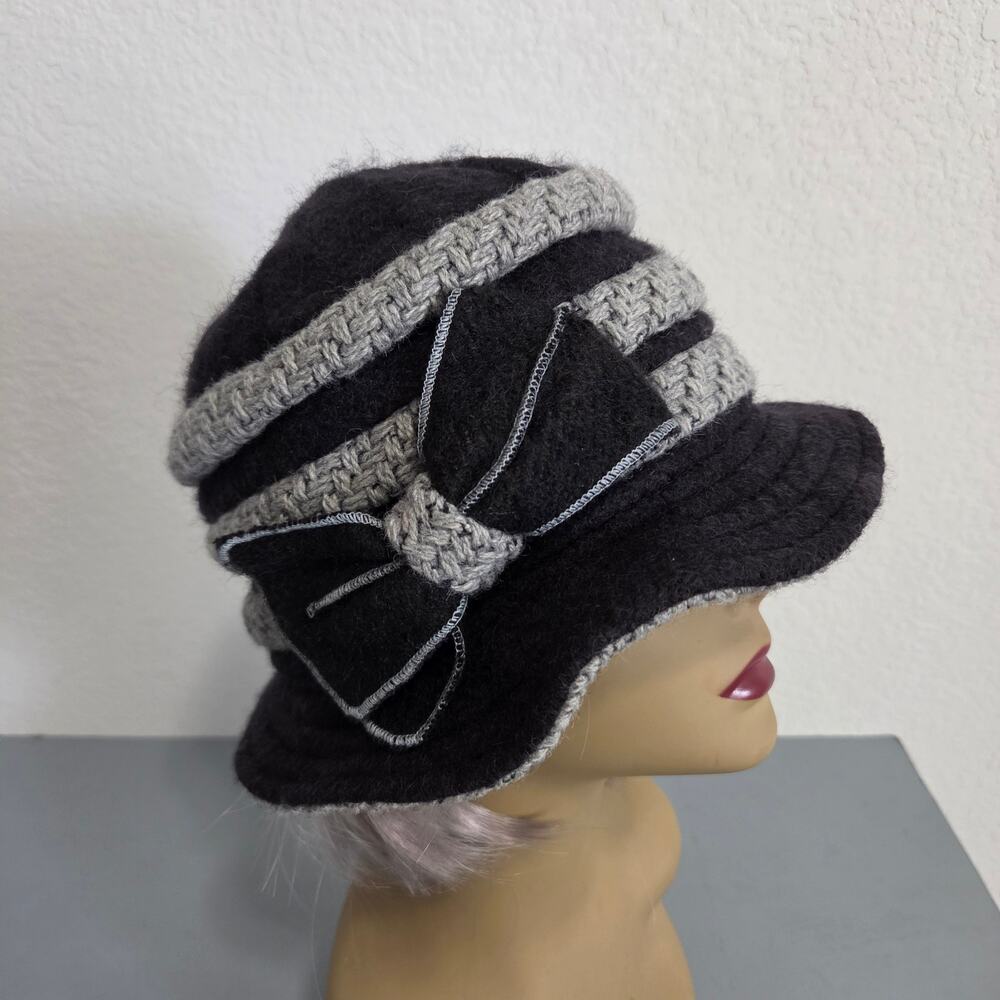 C.C Exclusives Wool Blend Cloche Bucket Hat Black Gray Bow Womens OS Fall Winter